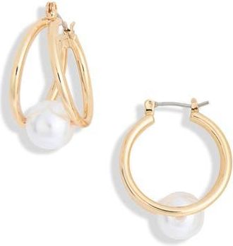 Nordstrom Rack Faux Pearl Caged Hoop Earrings in White- Gold at Nordstrom Rack