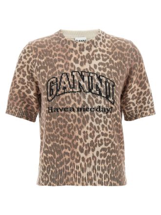 Ganni Womens Leopard Wool Mix T-Shirt