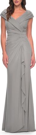 La Femme Elegant Net Jersey Long Gown with Ruching in Silver at Nordstrom, Size 14