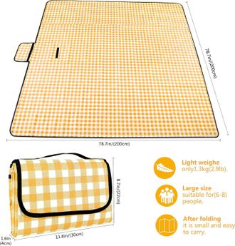OEM Manta De Picnic Impermeable, Lavable Y Ligera Con Asa, Estampado A Cuadros Amarillos, Ideal Para Senderismo, Viajes, Acampadas Y Parques, 200 Cm X 200