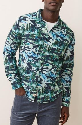 Marine Layer Fresh Tracks Winter Scene Cotton Button-Up Shirt in Navy Ski Print at Nordstrom, Size Xx-Large