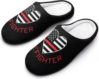 Generic Firefighter U.S. Flag Fashion Cotton Slippers for Women Memory Foam House Slippers Non-Slip House Bedroom Shoes