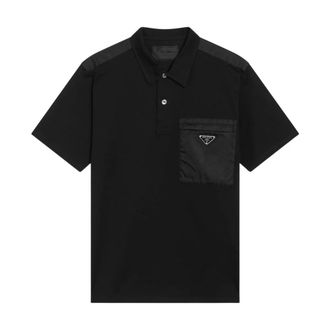 Prada Polo Shirts, male, Black, Size: XL Stretch Cotton Polo Shirt with Re-Nylon Details