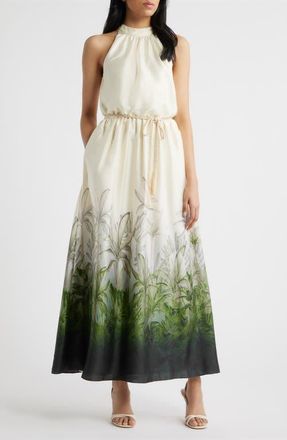 Julia Jordan Tropical Print Mock Neck Maxi Dress in Ivory Multi at Nordstrom, Size 16