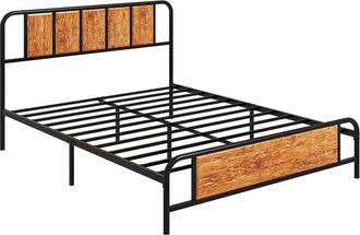 HOMCOM Bed Frame Steel Bed Base with Headboard Rustic Brown 160 x 207cm
