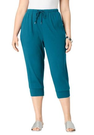 Roaman's Plus Size Soft Knit Capri Pant With Drawstring Waist in Deep Teal at Nordstrom, Size Medium