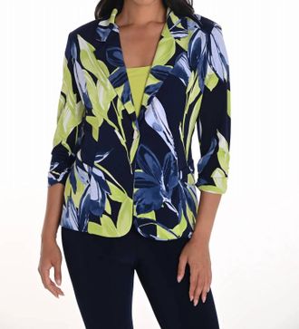 Frank Lyman Design Floral Print Knit Blazer In Navy/lime