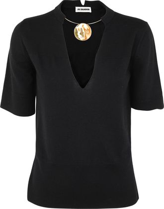 Jil Sander Womens Crew Neck Short Sleeve Knit With Integrated Jewel Necklace - Black Wool - Size EU 38 (Womens)