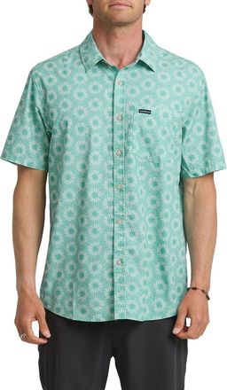 Quiksilver Ocean Mayhem Classic Sun Print Short Sleeve Cotton Button-Up Shirt in Aqua at Nordstrom, Size Xx-Large
