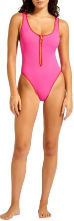 Seafolly Retro Contrast Trim One-Piece Swimsuit in Hot Pink/Flame at Nordstrom, Size 10 Us