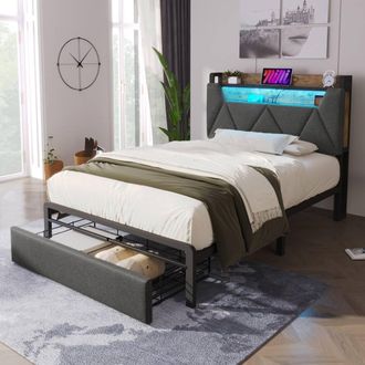 Matteo Upholstered Single Bed Frame - LED, USB-C, Storage & Drawers - Grey