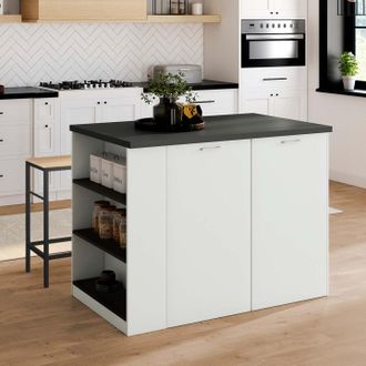 IDMarket Idmarket - Isla Central Tibo 120 Cm En Madera Blanca Con Encimera Gris Antracita