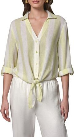 DKNY Yarn Dye Stripe Crop Linen Blend Button-Up Shirt in Limoncel/C at Nordstrom, Size X-Large