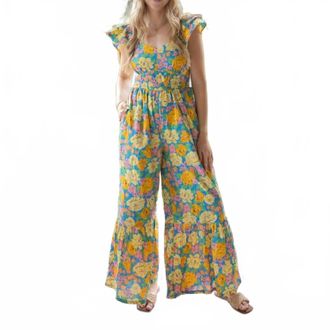 Merci Super Trouper Floral Jumpsuit In Yellow/ Blue