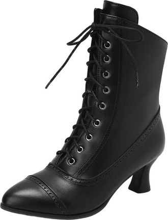 Generic Womens Ankle Boots Lace-Up Steampunk High Heel Thick Sole Short Dress Shoes