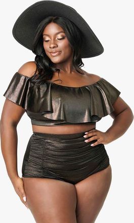 Unique Vintage Plus Size Monroe High Waist Bikini Bottom in Black Gold Metallic at Nordstrom, Size 1 X