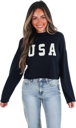 Le Lis Blanc Deux Varsity Usa Mock Neck Crop Sweater In Navy