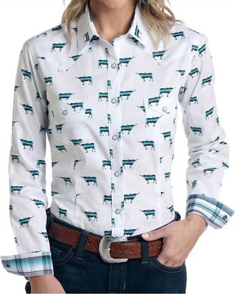 Panhandle Womens Long Sleeve Steer Print El Toro Western Snap Shirt In White