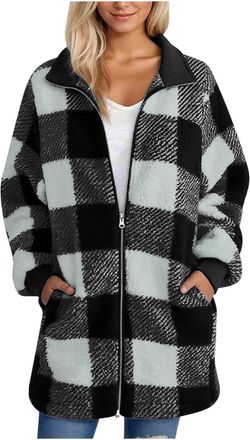 Generic Womens Fleece Longline Jacket Fashion Checked Down Coats Womens Casual Plaid Jackets Zip Up Lapel Long Sleeve Chunky Cardigans With Pockets Bomber Jac