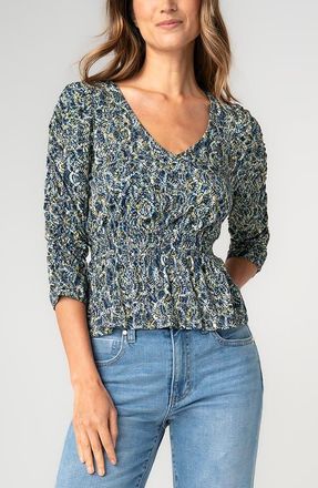 Liverpool L.A. Ruched Sleeve Peplum Top in Nvy Gold Multi at Nordstrom, Size X-Small