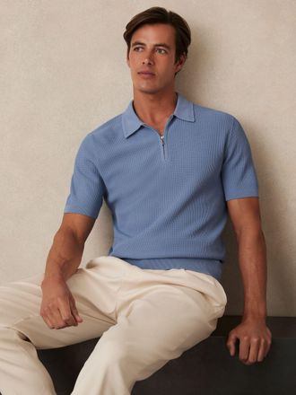 Reiss Mens Blue Textured Half-zip Polo Shirt, XS