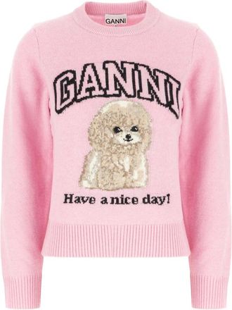 Ganni Graphic Wool Mix Poodle Crewneck - Dames - Truien - Roze - Maat: L Wol