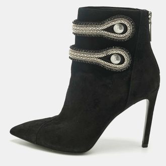Balmain Black Suede Crystal Embellished Ankle Length Boots Size 37
