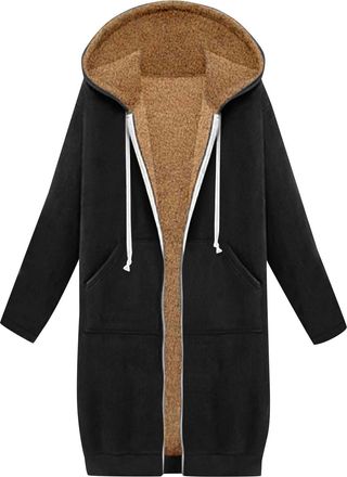 Generic Womens Fleece Jackets Full Zip Longline Oversized Casual Coat Ladies Fall Winter Sherpa Lined Warm Jacket Long Sleeve Comfort Knee Length Coat Outerwe