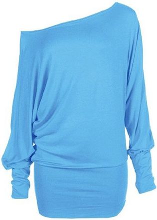 Crazy Girls GOSTYLES Womens Plain Batwing Bardot Jumper Top, Ladies Loose Fit Long Sleeve Off Shoulder Blouse Summer Shirts (Turquoise, M-L)