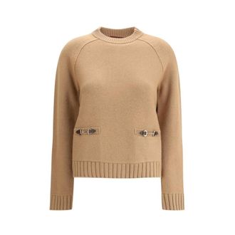 Gucci Round-neck Knitwear, female, Brown, Size: M Horsebit Sweater with Gold-tone Inserts