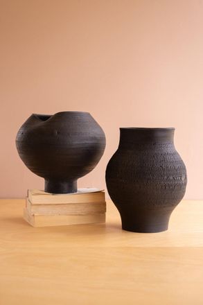 Kalalou Set Of Two Black Clay Vases With Crackle Detail