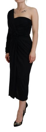 Dolce & Gabbana Womens Black Wrap Sheath One Shoulder Wool Dress