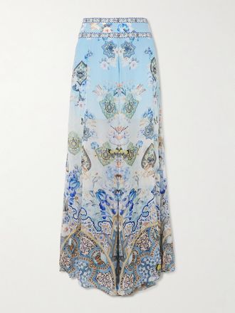 Camilla Pantaloni A Gamba Larga In Crepon Di Seta Stampato Con Ricami Al Manial Palace - Blu