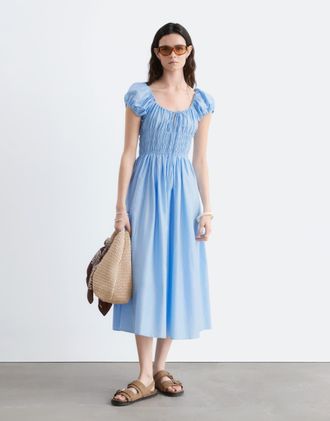 & Other Stories Vestito midi a maniche corte in puro cotone blu con scollo rotondo-Nero