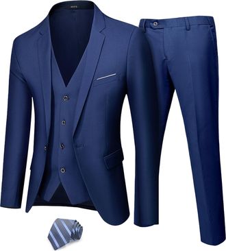 Mys Mens 3 Piece Suit Set with Tie, One Button Slim Fit Jacket Vest & Pants, Party Wedding Prom Blazer Waistcoat & Trousers, Deep Blue, M