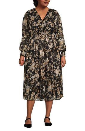 Lands End Lurex Shadow Stripe Midi Dress in Black/pumice Stone Floral at Nordstrom, Size 2X
