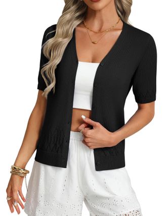 Grace Karin Womens Elegant V-Neck Lace Cardigan Summer Lightweight Short Sleeve Openwork Knit Tops Black XL