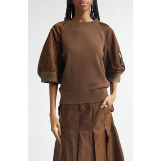 sacai Mixed Media Knit & Nylon Twill Cardigan in Brown at Nordstrom, Size 4