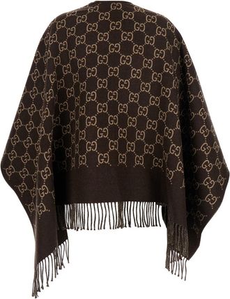 Gucci Womens Cape With Fringes Brown Wool Coat
