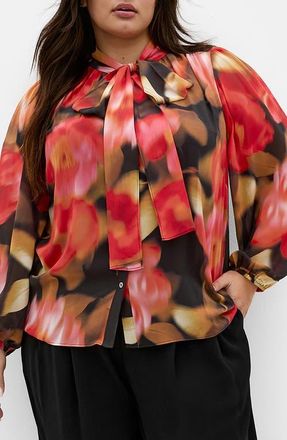 City Chic Celine Print Tie Neck Top in Lollita Floral at Nordstrom, Size 10W