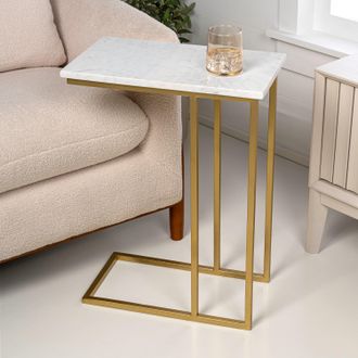 Jonathan Y Designs Caius 24.25 Designer Industrial Metal C-Shaped End Table and Side Couch Table with White Marble Top, Gold