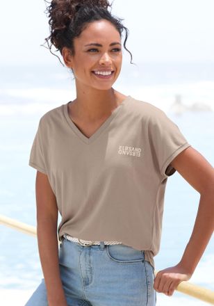 Elbsand V-Shirt ELBSAND, Damen, Gr. XXL (44), grau (taupe), Single Jersey, Obermaterial: 50% Baumwolle, 50% Polyester, unifarben, figurumspielend h&uuml;ftlang, V-