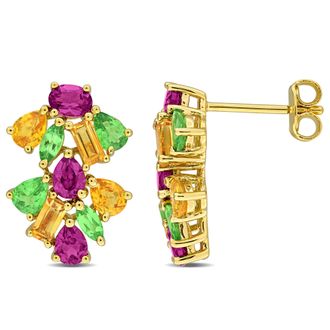 Mimi & Max Multi-Gem Double Floral Drop Earrings Sterling Silver