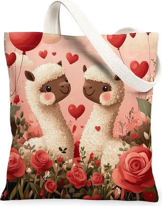 Generic Valentines Day Chicken Canvas Tote Bag for Shopping 13x15, Kid Fun Cute Animal Couple Reusable Grocery Print Bag for Women, Lover Beach Aesthetic Pain