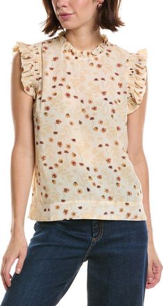 T Tahari Shirred Ruffle Sleeve Printed Woven Top