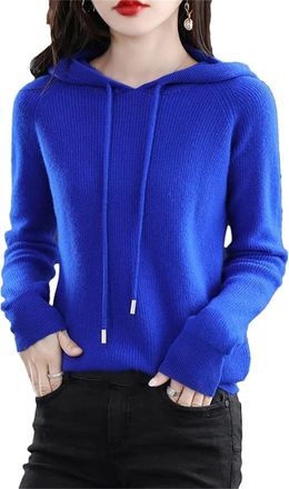 Generic Womens Cashmere Sweater with Hooded Pullovers Fall Winter Cashmere Hooded Sweater Loose Knitting Pullover Sweater (Blue,Small)
