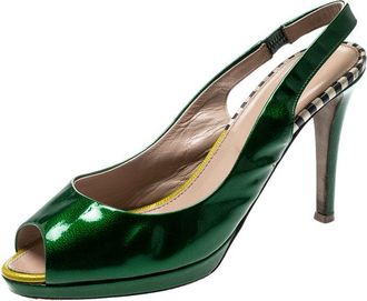 Sergio Rossi Green Patent Leather Peep Toe Slingback Sandals