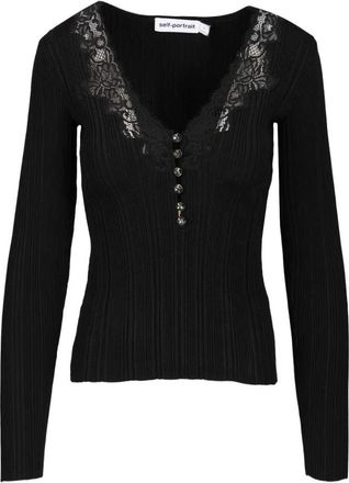 Self Portrait Gebreide top met ribbels en kanten rand - Dames - V-hals truien - Zwart - L - Polyester - Truien & Vesten