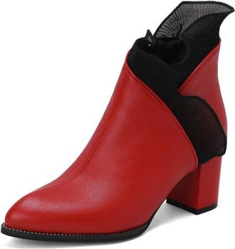 Generic Womens Chic Ruffle Trim Ankle Boots Pointed Toe Block Heels Faux Leather Cushioned Insole Comfortable Durable Non Slip Evening Party Dress Shoes,Red,4