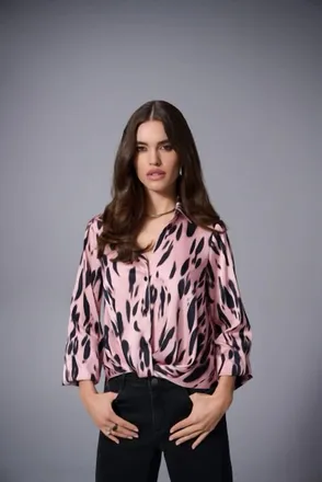 Joseph Ribkoff Recycled Satin Animal Print Draped Top In Pink Black
